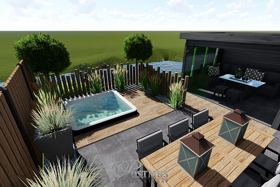 Combinatie van keramische terras tegels en luxe veranda