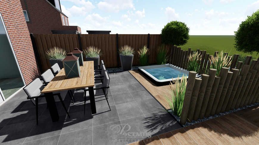 Combinatie van keramische terras tegels en luxe veranda