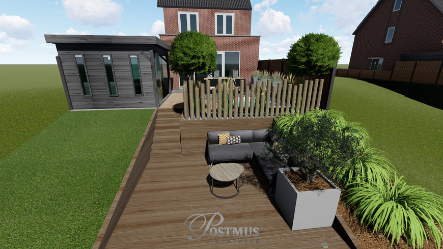 Combinatie van keramische terras tegels en luxe veranda