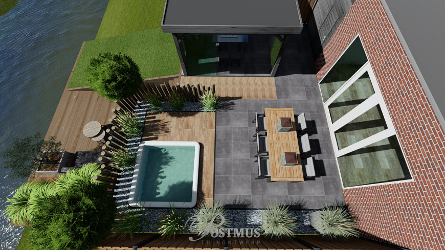 Combinatie van keramische terras tegels en luxe veranda