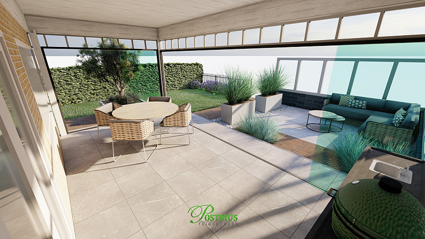 Tuin met prachtige overkapping met glazen deuren