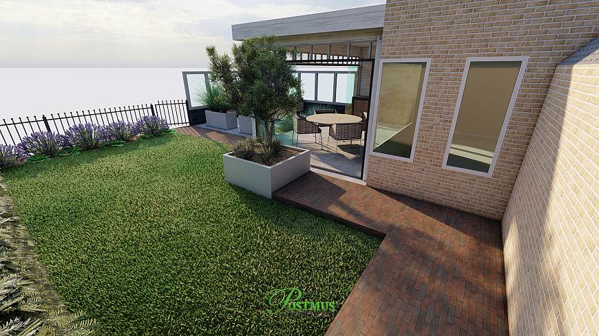 Tuin met prachtige overkapping met glazen deuren