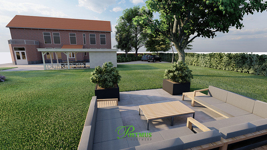 Riante tuin met een terras en overkapping