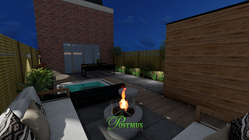 Zomerklare tuin met verlichting