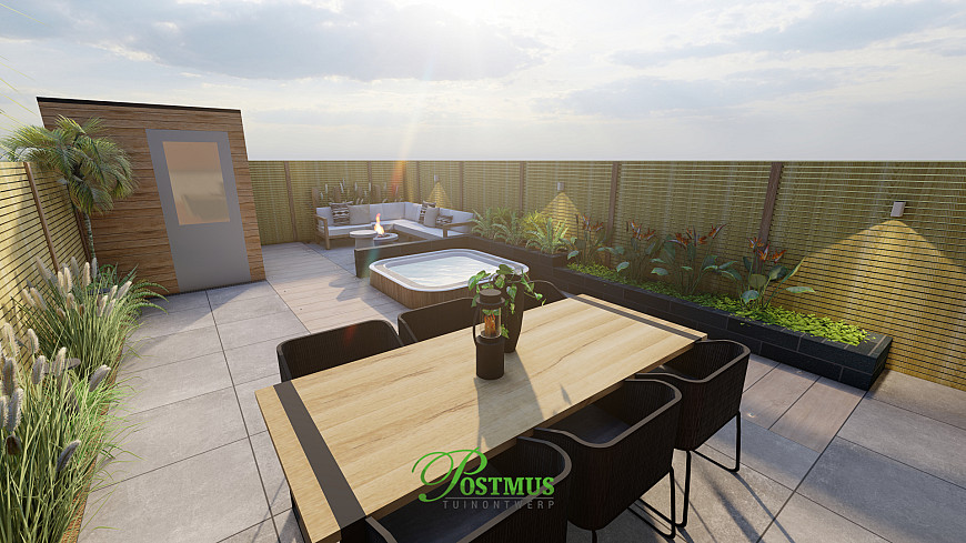 Zomerklare tuin met verlichting