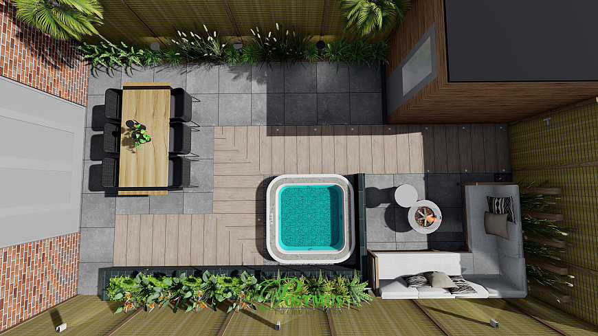 Zomerklare tuin met verlichting
