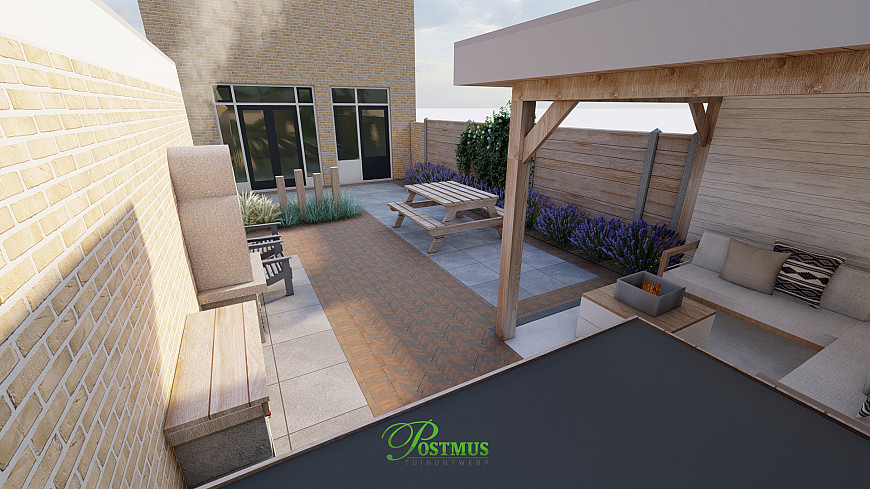 Een terras omringd door bloemen