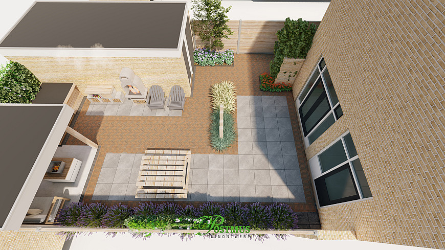 Een terras omringd door bloemen