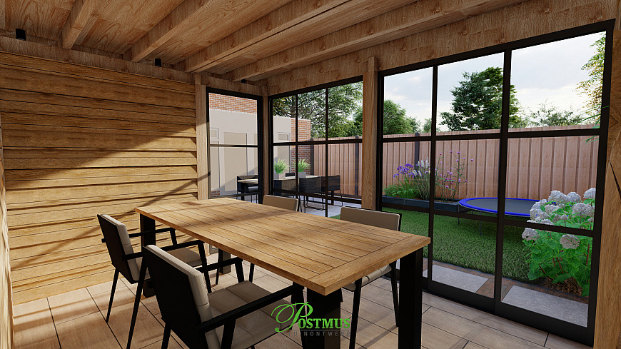 Zelfs een mooie houten veranda past in deze tuin