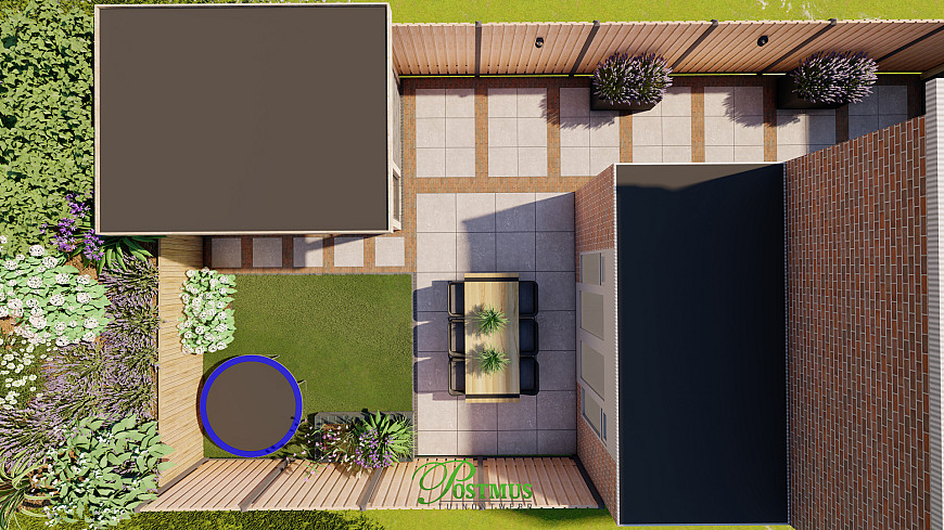 Zelfs een mooie houten veranda past in deze tuin