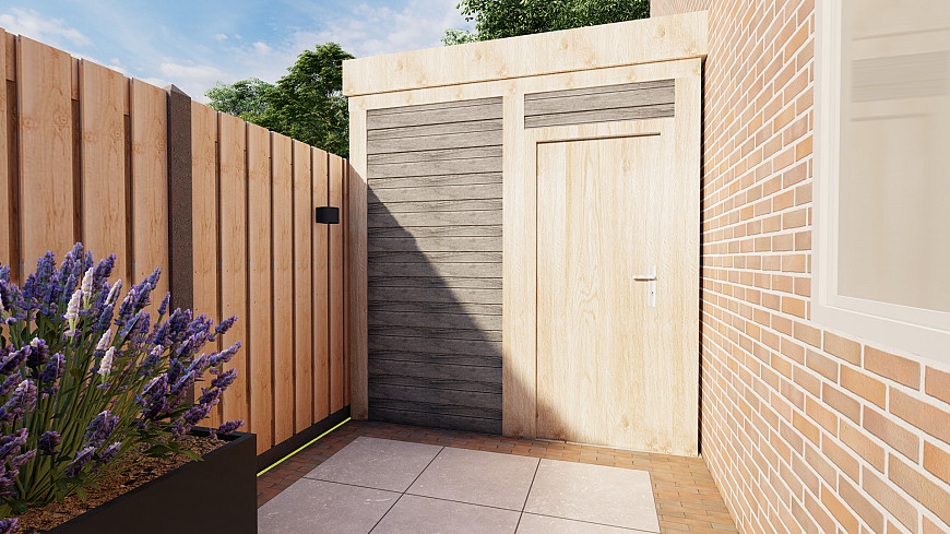 Zelfs een mooie houten veranda past in deze tuin