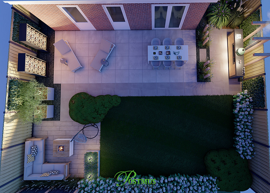 Luxe tuin, in het avondlicht